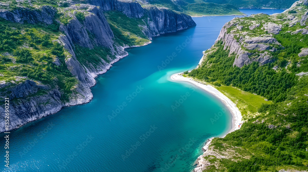 A captivating drone view of a serene fjord showcasing vibrant turquoise waters surrounded by lush, mountainous terrain under a clear blue sky, inviting peace and reflection A captivating drone view of a serene fjord showcasing vibrant turquoise waters surrounded by lush, mountainous terrain under a clear blue sky, inviting peace and reflection