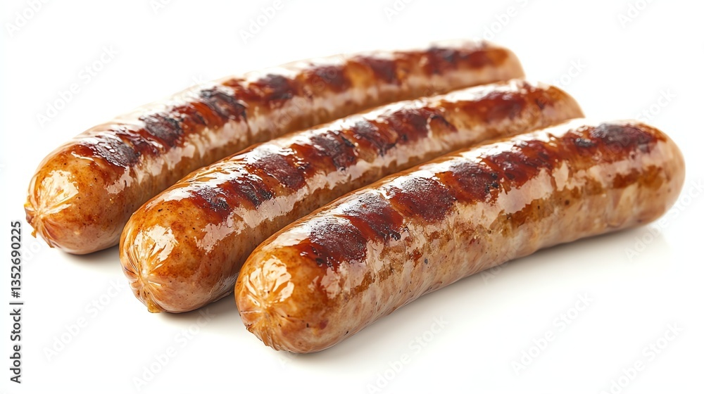 Grilled Sausage Links Appetizing Fresh Cooked Three in Row on White Grilled Sausage Links Appetizing Fresh Cooked Three in Row on White