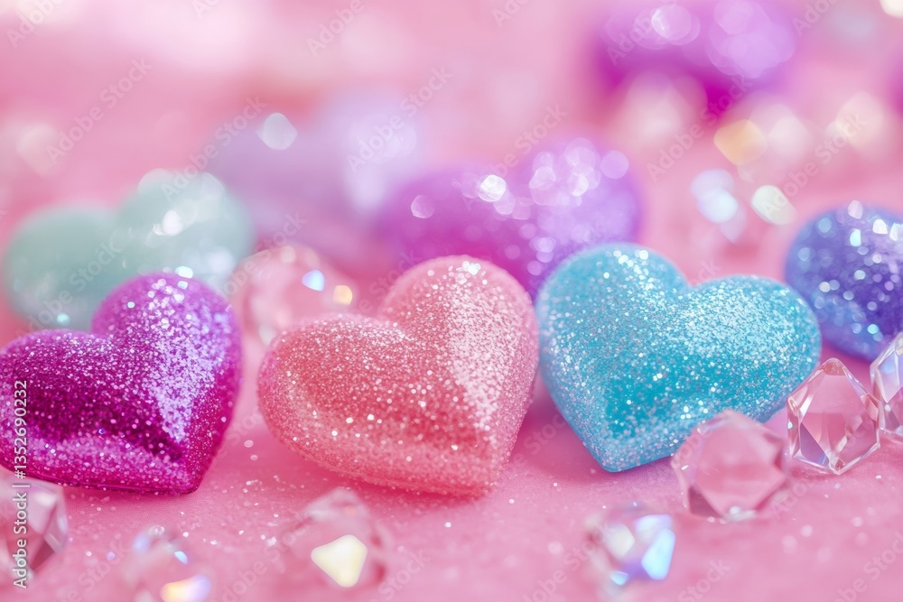 Obraz premium Colorful pastel hearts background with soft focus and copy space for text, celebration banner.