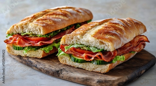 Delicious Sandwiches Filled With Fresh Vegetables and Meats Served on a Woode...