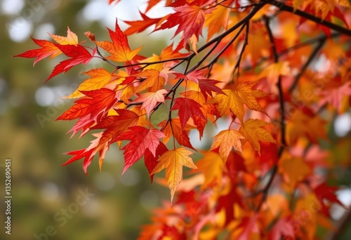 Crimson, gold, and russet leaves swirling in a gentle breeze, park, nature photography