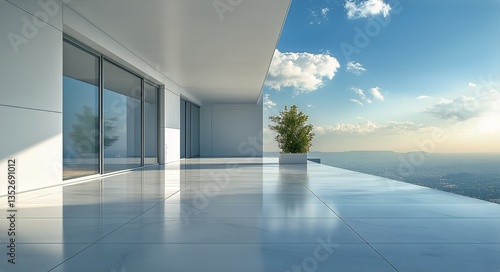 Stunning Modern Terrace Overlooking City Skyline at Sunset With Clear Skies a...