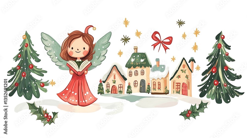 Fototapeta premium Joyful angel reading a book in a snowy village during the Christmas season