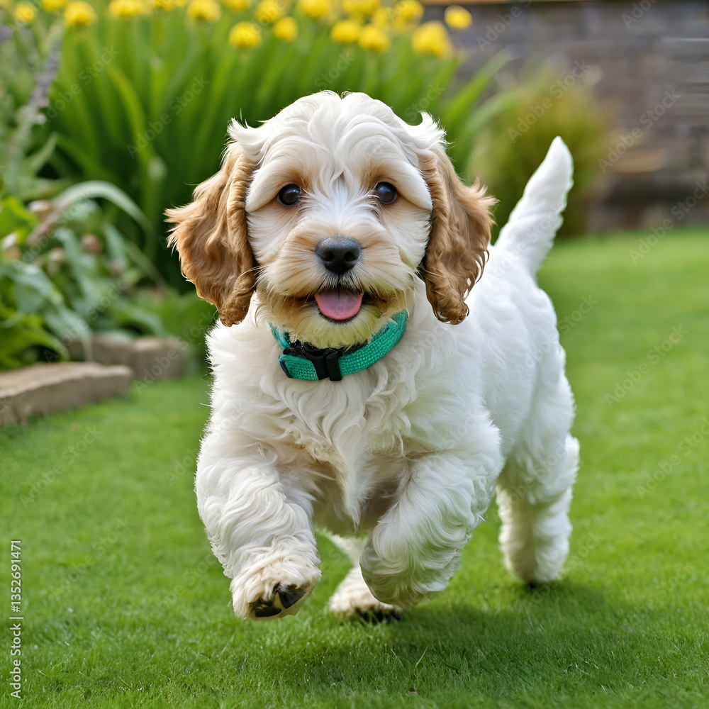 dog in the garden playing dog, happy cockapoo puppy dog in the garden playing dog, happy cockapoo puppy