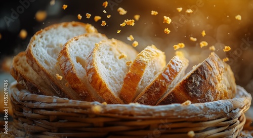 Freshly Sliced Bread in a Woven Basket With Golden Crumbs Scattered in Warm L...