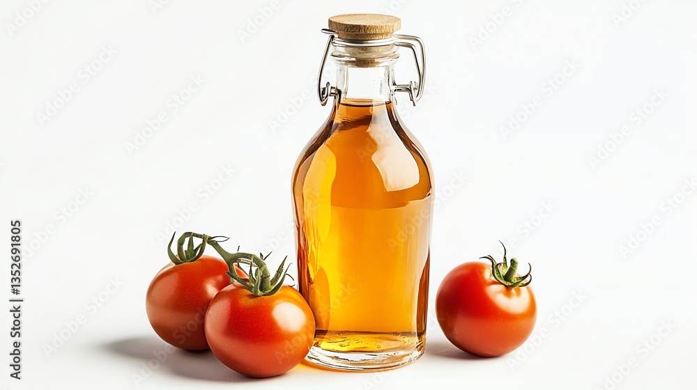 Tomato Vinegar in Glass Bottle with Fresh Tomatoes on White Surface Tomato Vinegar in Glass Bottle with Fresh Tomatoes on White Surface