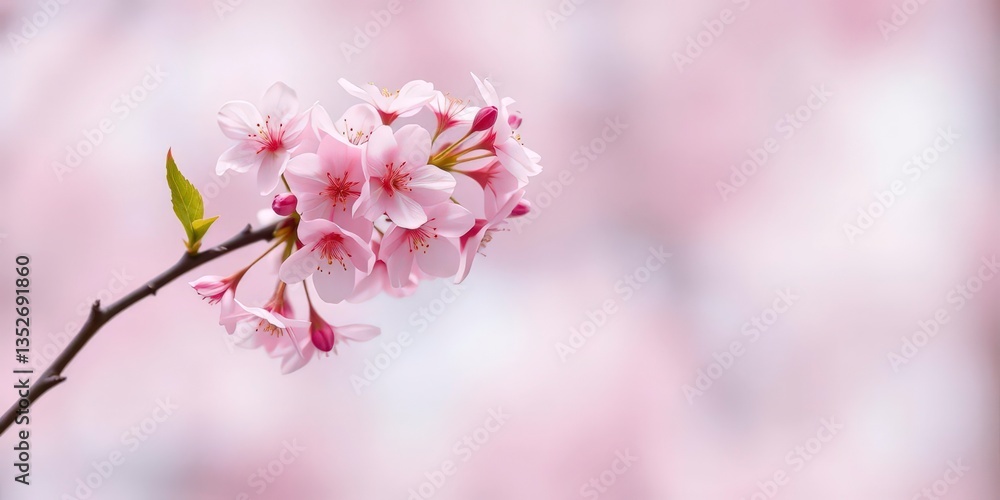 Delicate pink cherry blossoms cluster on a slender, gently curving branch against a soft, blurred background, spring bloom, floral design Delicate pink cherry blossoms cluster on a slender, gently curving branch against a soft, blurred background, spring bloom, floral design