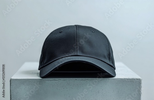 Black Cap Displayed on a Concrete Pedestal Against a Light Background in a Mo...