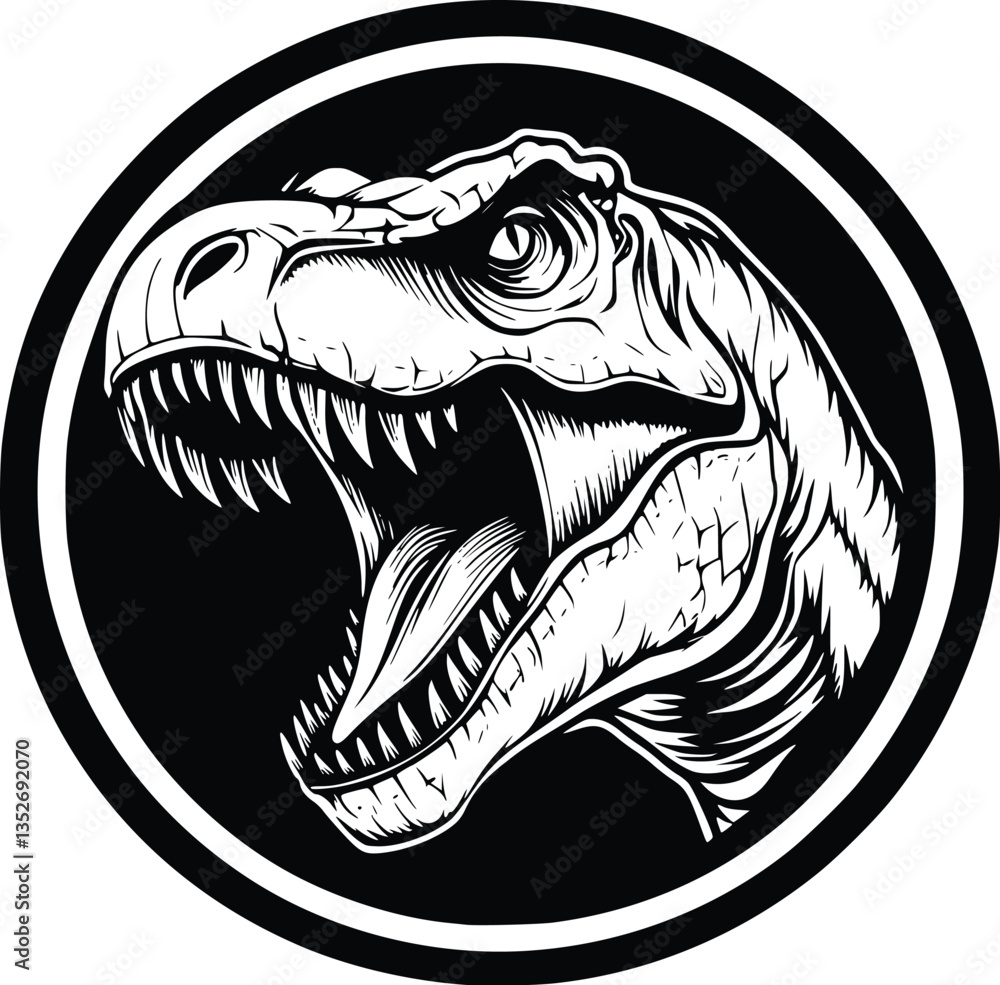 Fierce Roaring Velociraptor in Black and White Circular Artistic Illustration Fierce Roaring Velociraptor in Black and White Circular Artistic Illustration