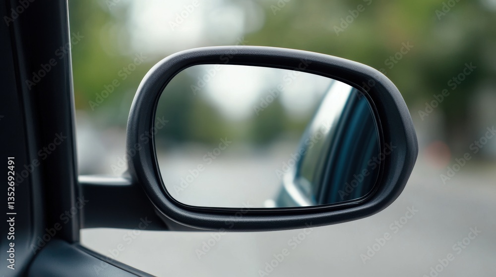 Close-Up of Car Side Mirror Reflecting an Urban Road and Blurred Background in Natural Lighting Close-Up of Car Side Mirror Reflecting an Urban Road and Blurred Background in Natural Lighting