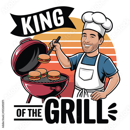 King of the Grill vector with smiling chef, burgers, BBQ grill, apron, and summer cookout theme