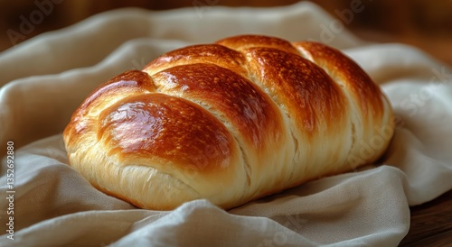 Freshly Baked Bread Loaf Resting on Soft Fabric in Warm Kitchen Environment