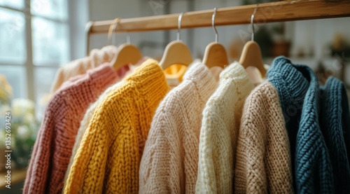 Colorful Knitted Sweaters Arranged on Hangers in a Cozy Interior Setting for ...
