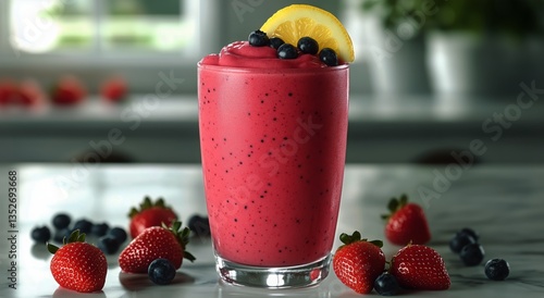 Refreshing Berry Smoothie With Lemon Garnish on Kitchen Countertop