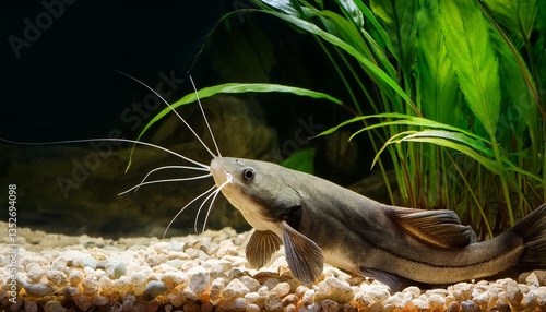 Large catfish in an aquarium with gravel and plants