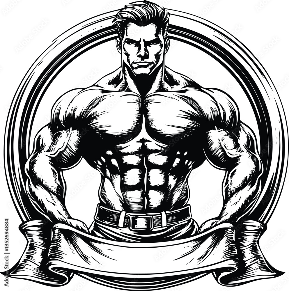 Fototapeta premium Black and White Bodybuilder Design with Circular Shape and Text Banner at the Bottom