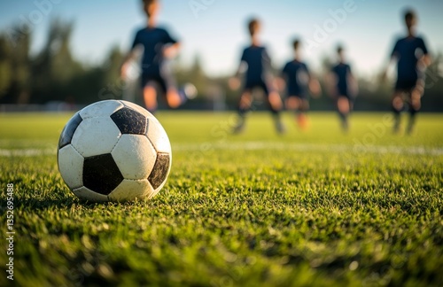 Distant view of a youth soccer team during a training session on the field. 