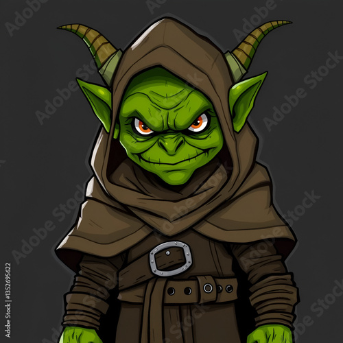 A menacing green goblin character with a hooded cloak standing guard