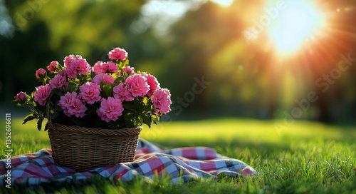 Vibrant Flowers in a Basket on a Checkered Blanket During a Sunny Afternoon i...