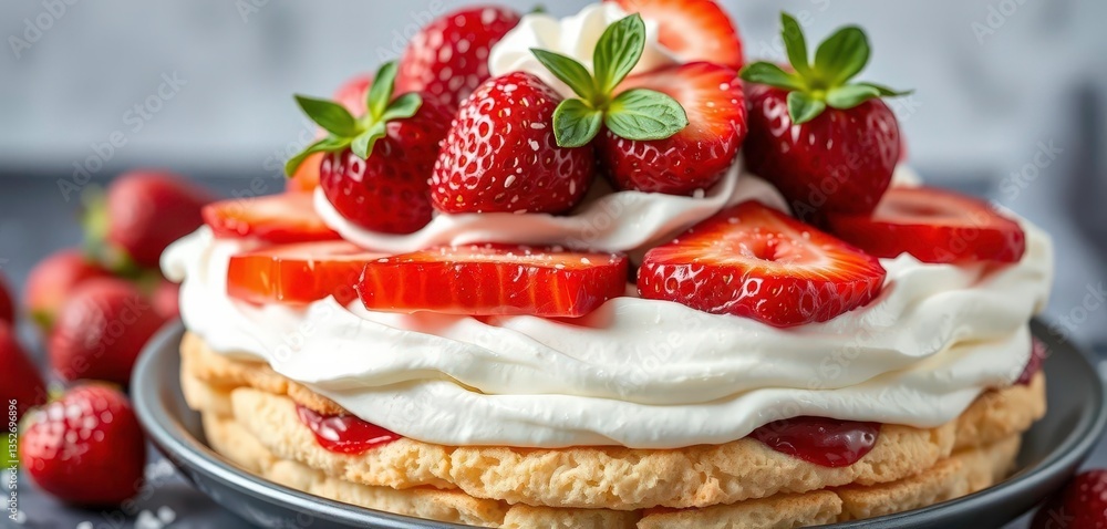 Layers of fresh strawberries, whipped cream, and buttery shortcake, foodstyling, layered dessert Layers of fresh strawberries, whipped cream, and buttery shortcake, foodstyling, layered dessert