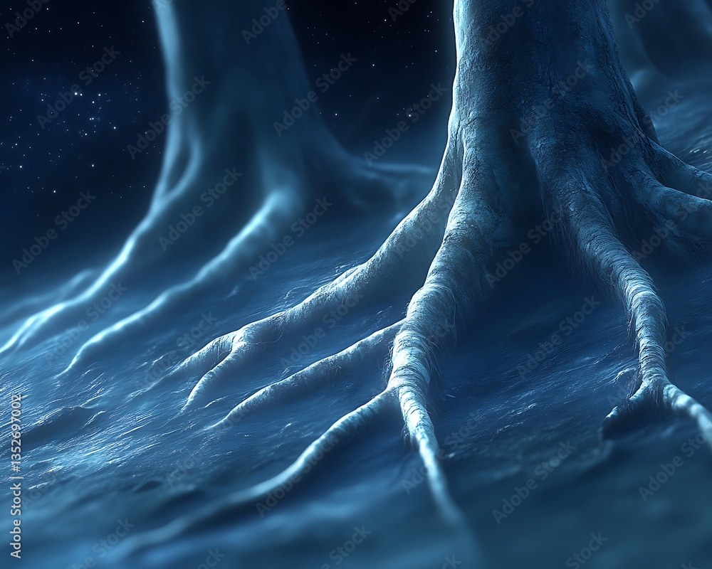 Fototapeta premium The cold bluish roots extend across a textured ethereal landscape