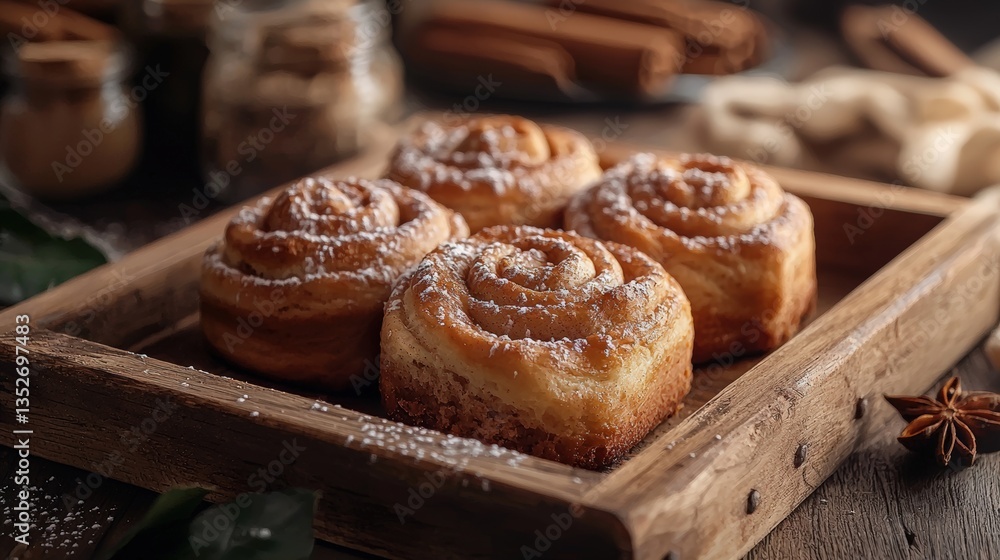 cinnamon rolls in a wooden box cinnamon rolls in a wooden box
