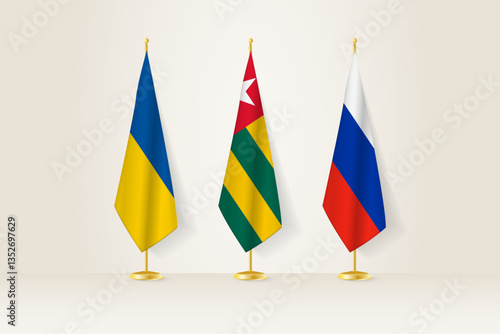 Diplomatic Meeting Representation, Ukraine, Togo and Russia Flags. Flags on Diplomatic Stands.
