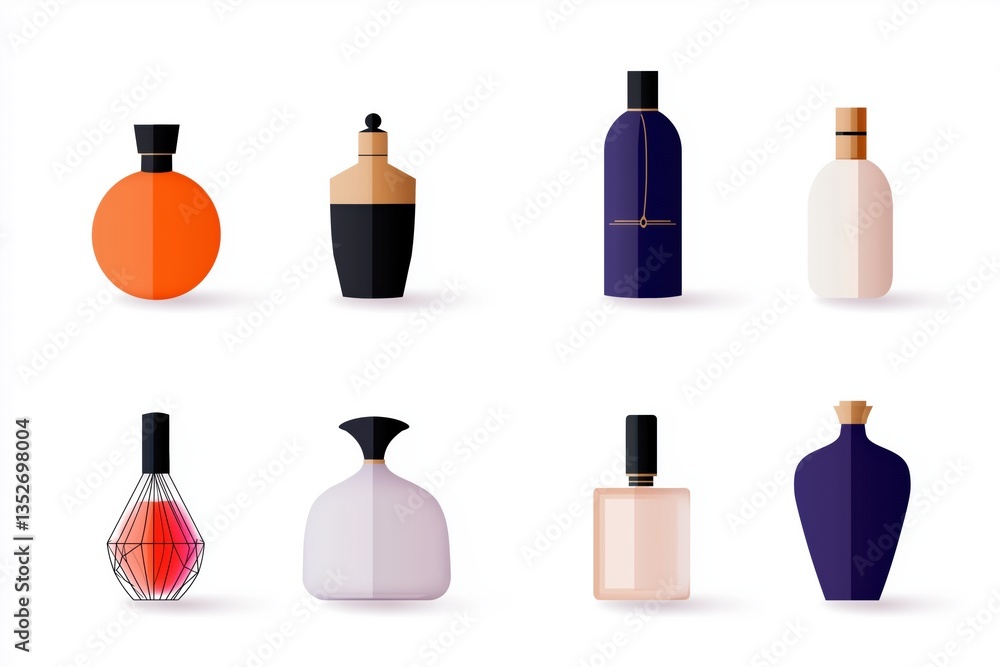 A collection of perfume bottles in various shapes and sizes. The bottles are arranged in a row, with some being taller and others shorter. The collection includes a mix of colors, such as orange A collection of perfume bottles in various shapes and sizes. The bottles are arranged in a row, with some being taller and others shorter. The collection includes a mix of colors, such as orange