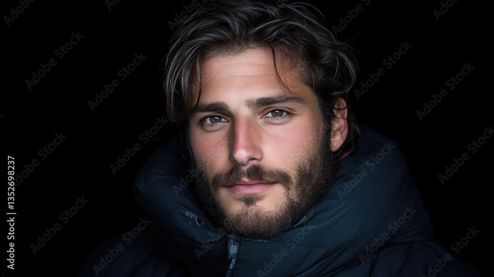 Fototapeta premium Close-up portrait of a man with a serious yet attractive expression. Dark, tousled hair, light-toned eyes, and a short, well-groomed beard are prominent features. 