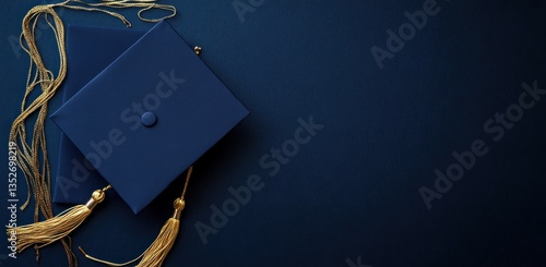 Blue graduation cap and gold tassel on dark background.