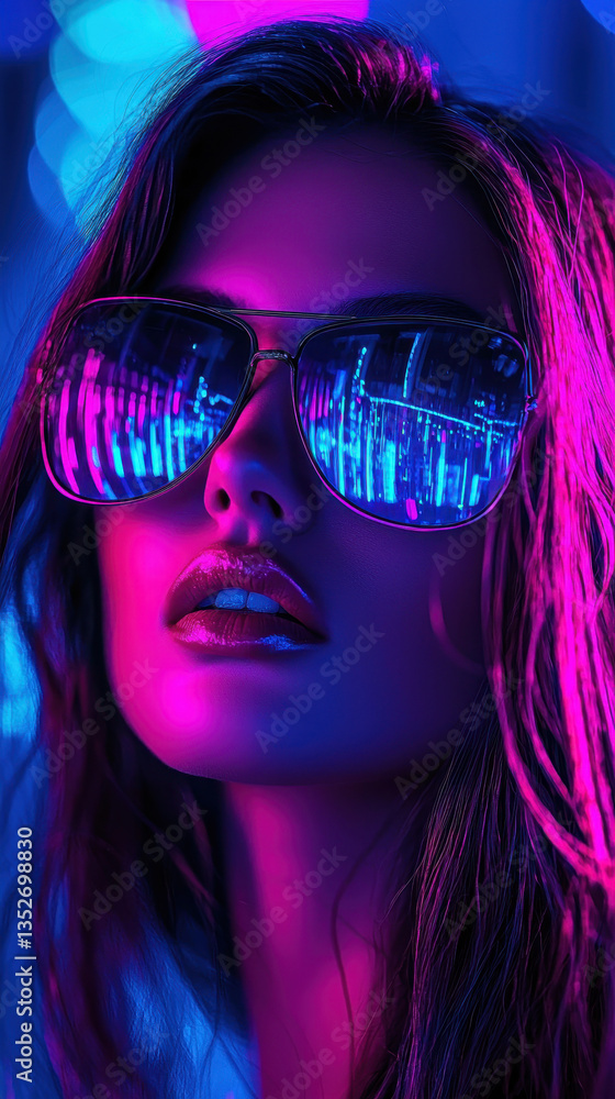 Portrait of a person in sunglasses reflecting neon city lights at night with a cyber aesthetic Portrait of a person in sunglasses reflecting neon city lights at night with a cyber aesthetic