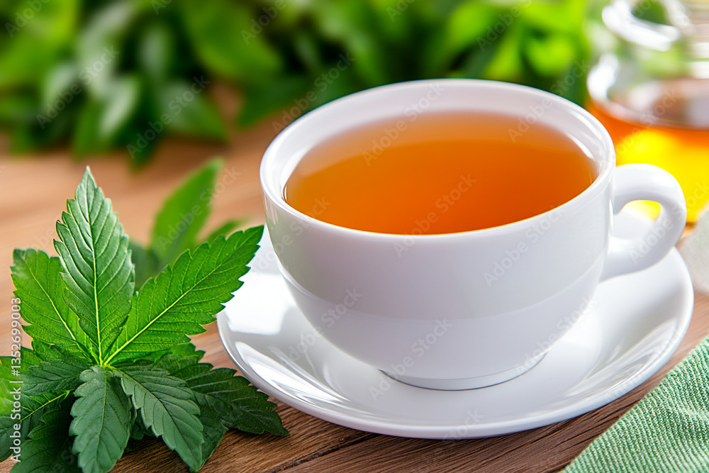 Invigorating Cannabis Tea in a Stylish White Cup Set Against a Rustic Wooden Table, Capturing a Serene Moment of Relaxation and Natural Wellness Invigorating Cannabis Tea in a Stylish White Cup Set Against a Rustic Wooden Table, Capturing a Serene Moment of Relaxation and Natural Wellness