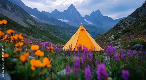 Bright Yellow Tent Stands in Vibrant Flower Field Under Rugged Mountain Peaks...