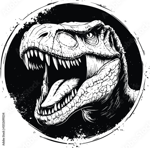 Grunge Style Black and White Logo of an Enraged T-Rex Roaring with Intimidating Power