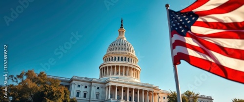 Wallpaper Mural Majestic US Capitol building, American flag waving proudly, view, landmark Torontodigital.ca