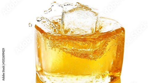 Ice cube splashing in amber liquid, studio shot