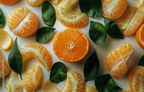 Fresh Oranges and Mandarins Surrounded by Green Leaves Arranged on a Surface