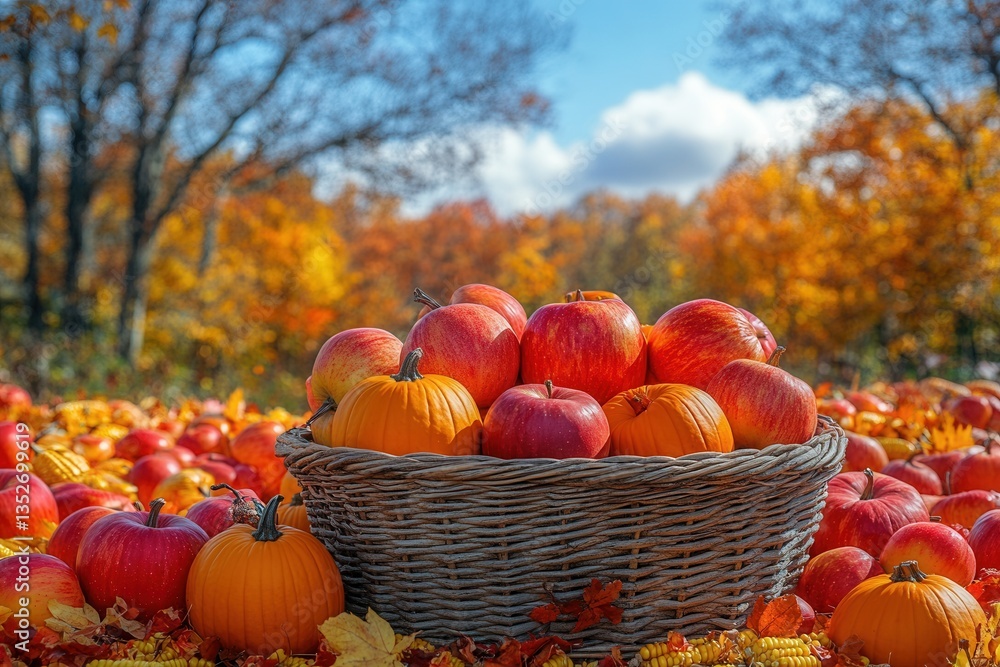 Colorful autumn harvest of apples and pumpkins in a scenic orchard under a bright blue sky Colorful autumn harvest of apples and pumpkins in a scenic orchard under a bright blue sky