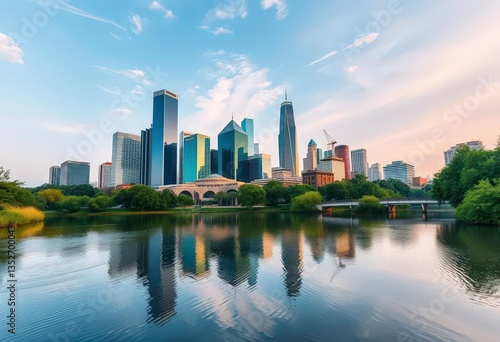 Modern Houston skyline, skyscrapers reflecting in Buffalo Bayou park, city, horizon