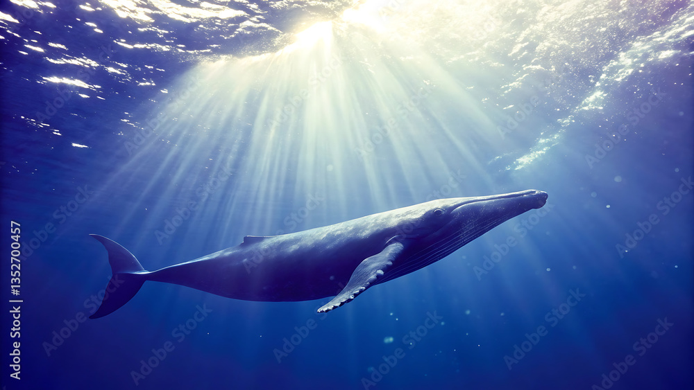 Naklejka premium deep sea scene featuring majestic blue whale swimming gracefully through ocean, illuminated by sunlight filtering from above
