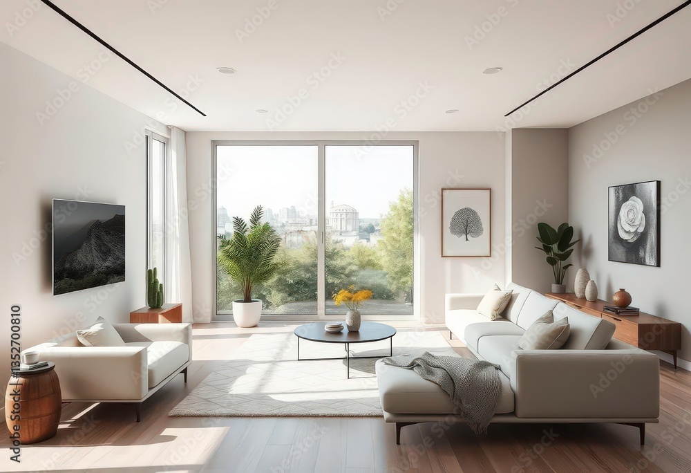 Fototapeta premium Modern minimalist living room, neutral palette, natural light, subtle textures, gray, beige