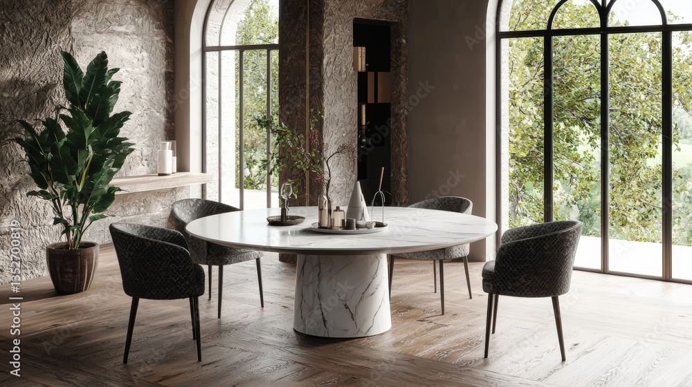 Fototapeta premium a dining room with a marble table and chairs 