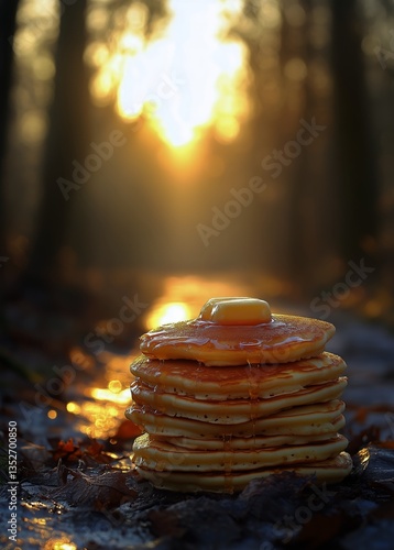 Fluffy Pancakes Stacked High With Butter and Herbs on a Wooden Plate