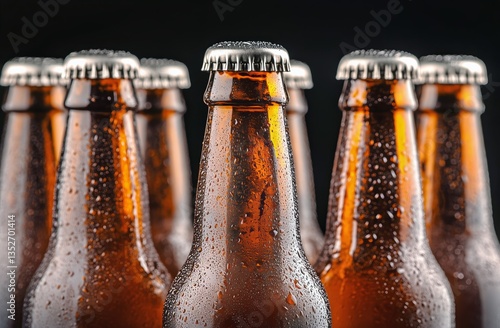 Craft Beers Lined up With Water Droplets on the Bottles in a Dark Background