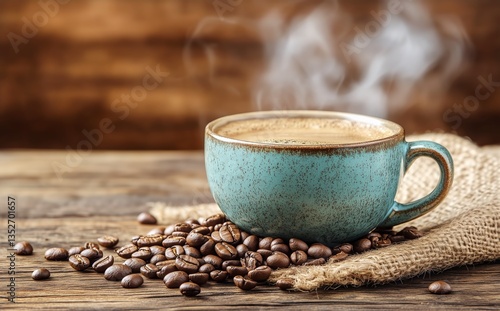 Warm Cup of Coffee With Steam Rising on Rustic Wooden Table With Coffee Beans