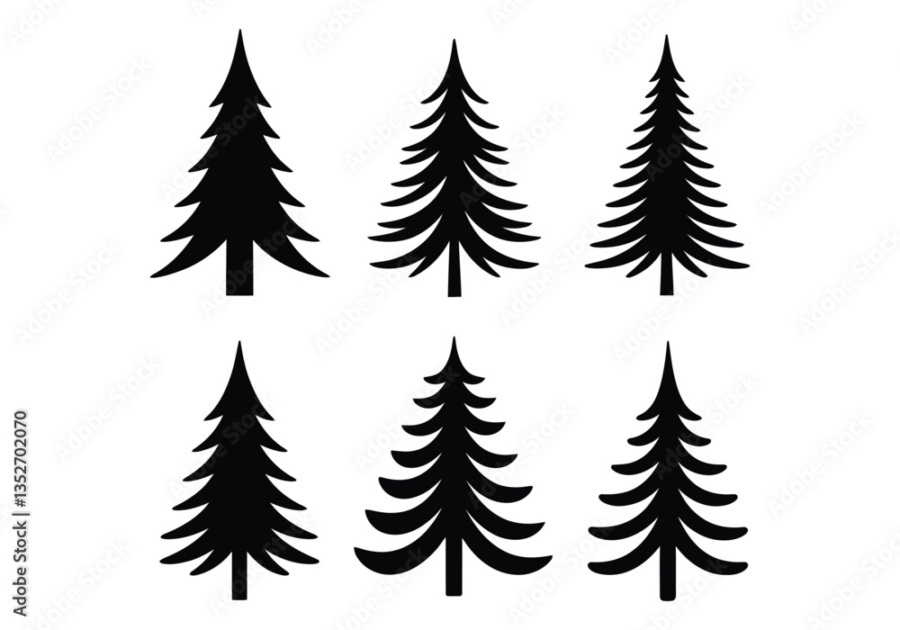 Obraz premium Set of pine tree silhouette vectors in various styles, perfect for nature, forest, and outdoor themes