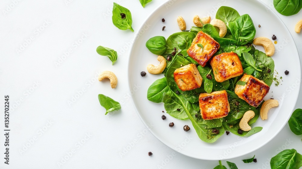 Healthy Grilled Tofu on Fresh Spinach with Cashews and Spices Healthy Grilled Tofu on Fresh Spinach with Cashews and Spices