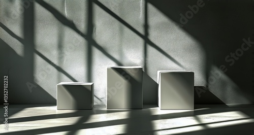 Three Geometric Blocks Casting Shadows in a Minimalist Room With Soft Light