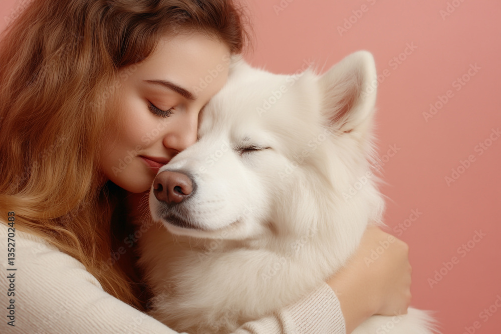 A Heartwarming Moment Captured in an Intimate Studio Setting Featuring a Woman Embracing Her Adorable White Dog with Genuine Affection and Joy A Heartwarming Moment Captured in an Intimate Studio Setting Featuring a Woman Embracing Her Adorable White Dog with Genuine Affection and Joy