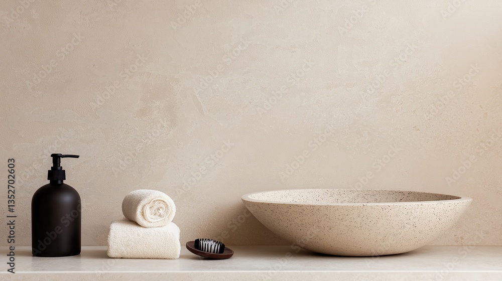Bathroom countertop with a beige-colored wall in the background. on the countertop, there is a white ceramic vessel sink with a speckled texture. Bathroom countertop with a beige-colored wall in the background. on the countertop, there is a white ceramic vessel sink with a speckled texture.